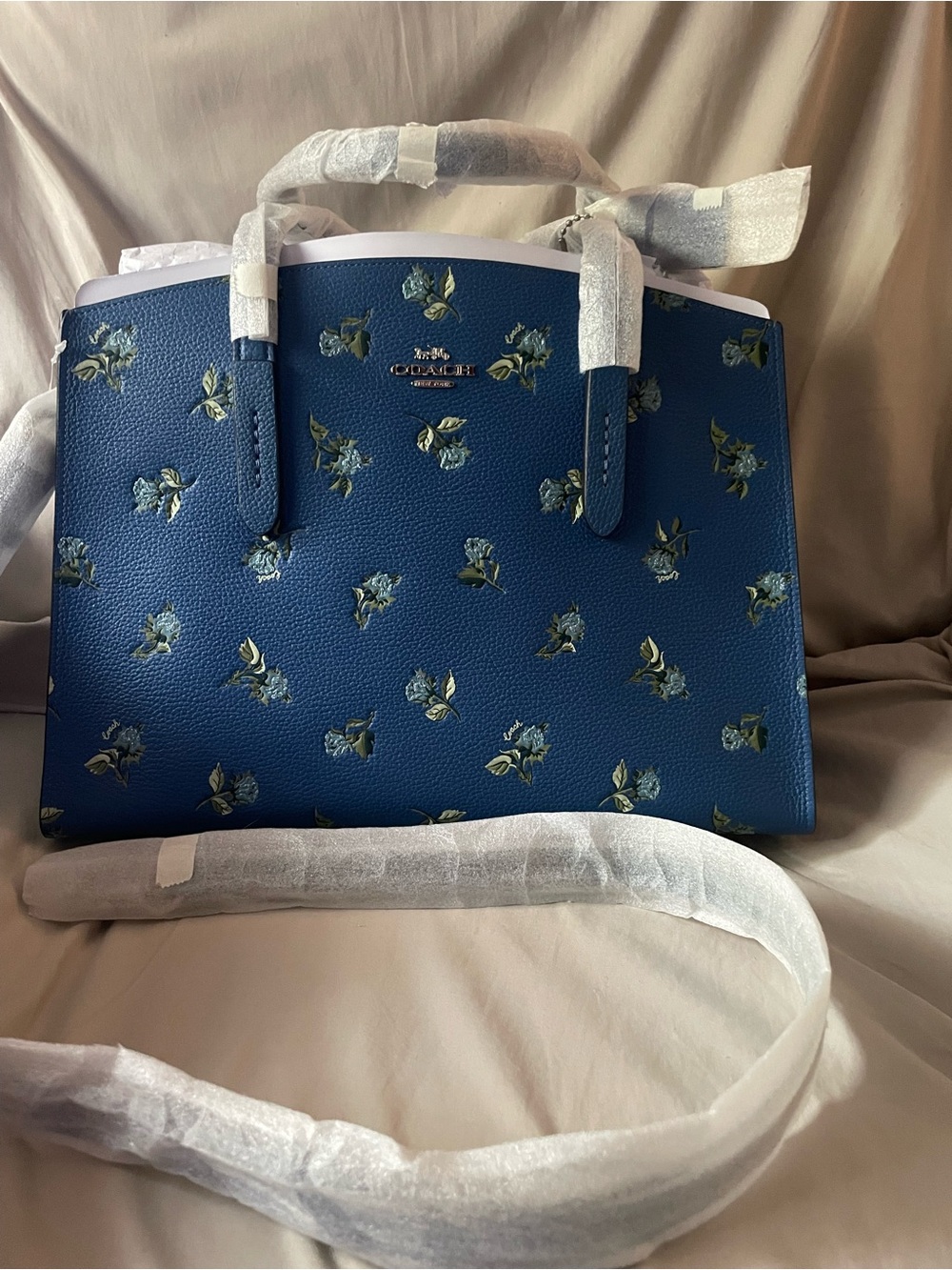 Coach Blue Floral Leather Satchel with Green Accent Blossoms